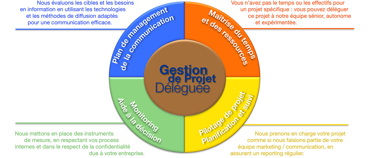 Gestion de projet déléguée. Plan de management de la communication. Maîtrise du temps et des ressources. Pilotage de projet. Planification et suivi. Monitoring. Aide à la décision.